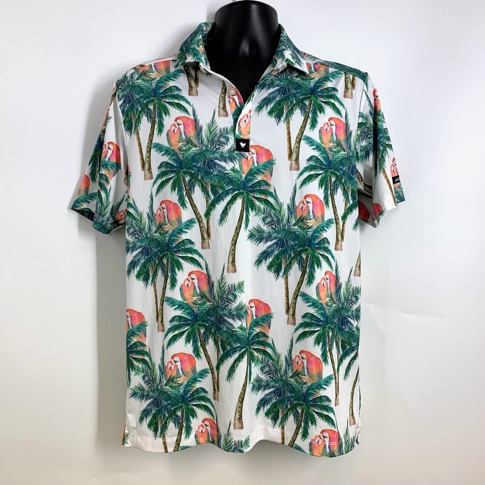 Bad Birdie Men's Island Hopper Print Tropical Parrot Short Sleeve Polo Size M